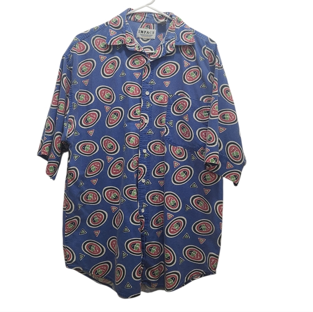 Vintage IMPACT Men's Button Up Blue Multicolored Bold Abstract Geo Print Size M